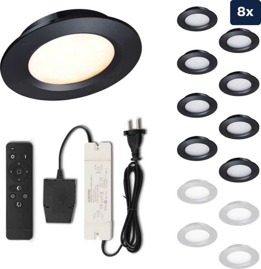 Ledisons Modena Set met 8 zwarte LED inbouwspots en afstandsbediening dimbaar 3 jaar garantie 2700K (extra warm-wit) 200 Lumen 3W IP44