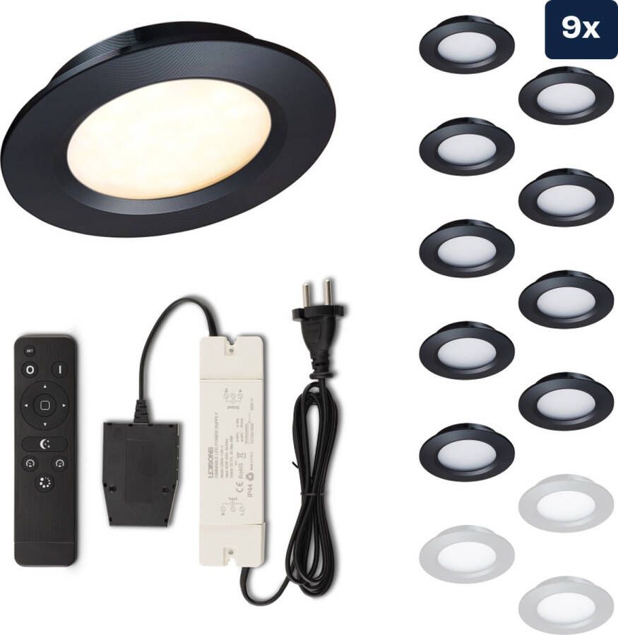 Ledisons Modena Set met 9 zwarte LED inbouwspots en afstandsbediening dimbaar 3 jaar garantie 2700K (extra warm-wit) 200 Lumen 3W IP44
