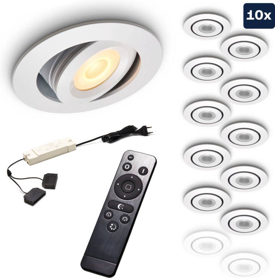Ledisons Piccolo Set met 10 witte LED inbouwspots en afstandsbediening dimbaar 3 jaar garantie 2700K (extra warm-wit) 200 Lumen 3W IP44