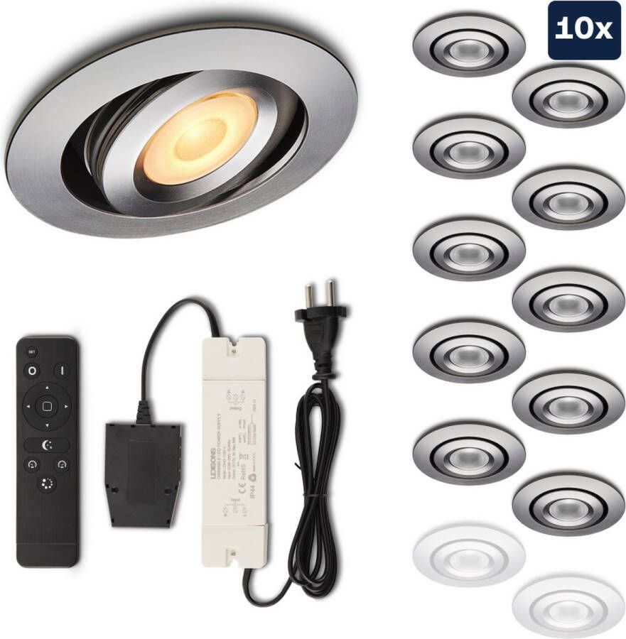 Ledisons Piccolo Set met 10 zilveren LED inbouwspots en afstandsbediening dimbaar 3 jaar garantie 2700K (extra warm-wit) 200 Lumen 3W IP44