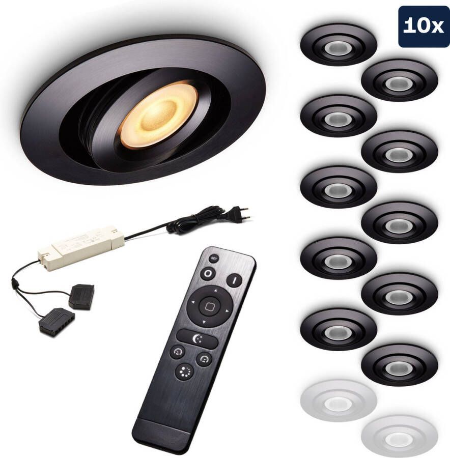 Ledisons Piccolo Set met 10 zwarte LED inbouwspots en afstandsbediening dimbaar 3 jaar garantie 2700K (extra warm-wit) 200 Lumen 3W IP44