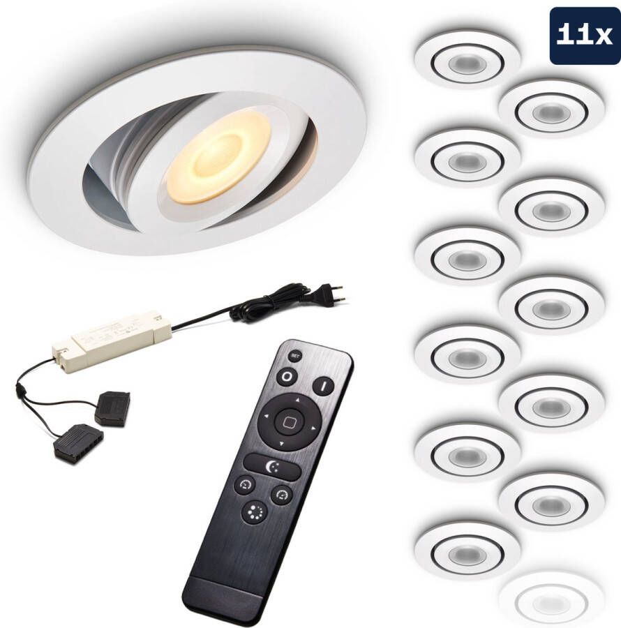 Ledisons Piccolo Set met 11 witte LED inbouwspots en afstandsbediening dimbaar 3 jaar garantie 2700K (extra warm-wit) 200 Lumen 3W IP44