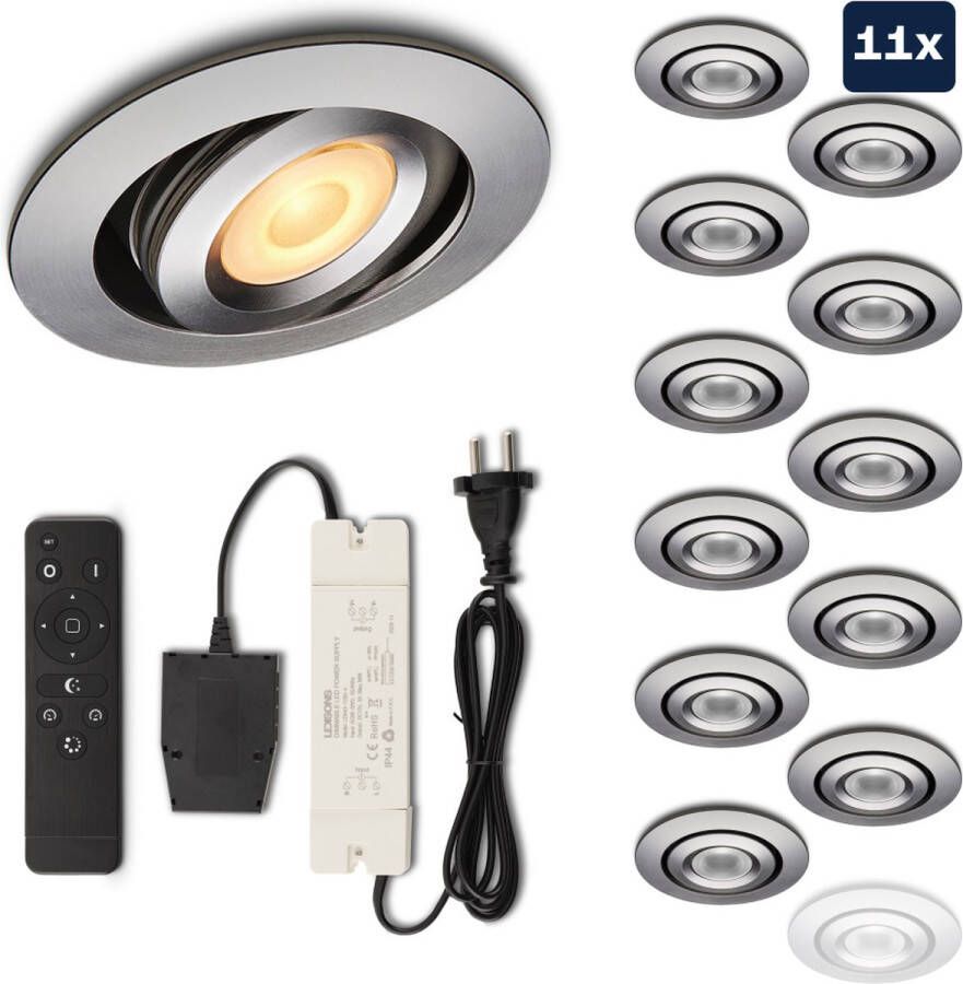 Ledisons Piccolo Set met 11 zilveren LED inbouwspots en afstandsbediening dimbaar 3 jaar garantie 2700K (extra warm-wit) 200 Lumen 3W IP44