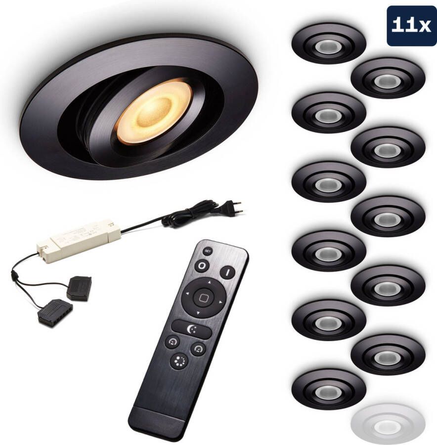 Ledisons Piccolo Set met 11 zwarte LED inbouwspots en afstandsbediening dimbaar 3 jaar garantie 2700K (extra warm-wit) 200 Lumen 3W IP44