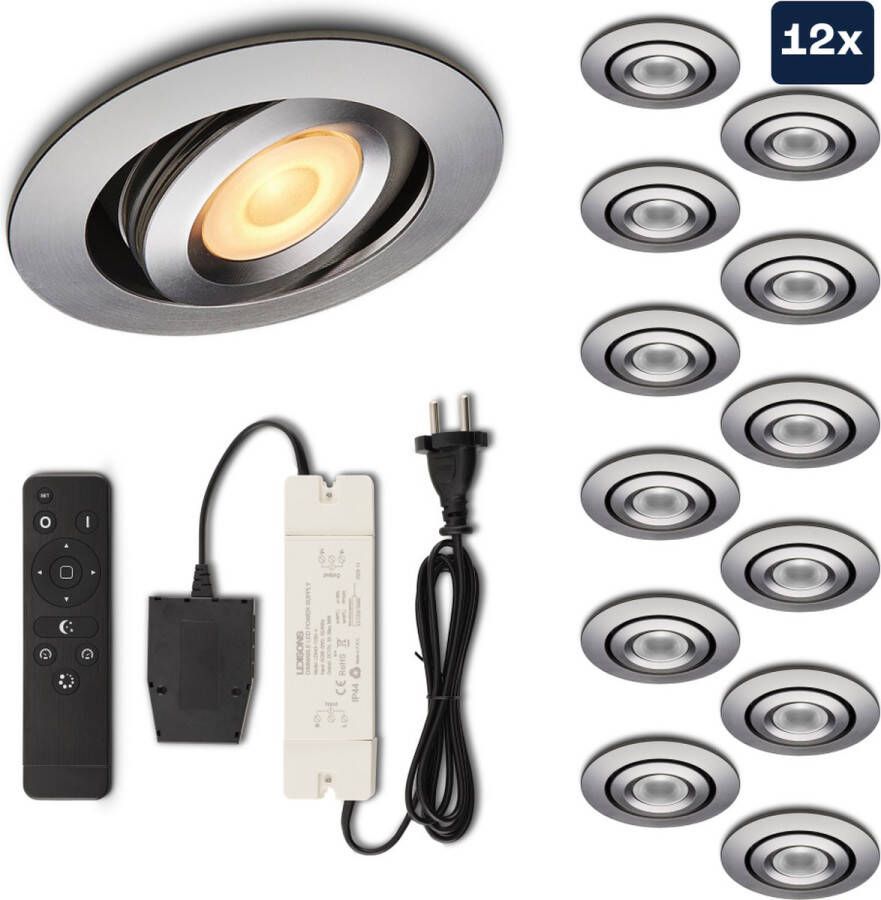 Ledisons Piccolo Set met 12 zilveren LED inbouwspots en afstandsbediening dimbaar 3 jaar garantie 2700K (extra warm-wit) 200 Lumen 3W IP44