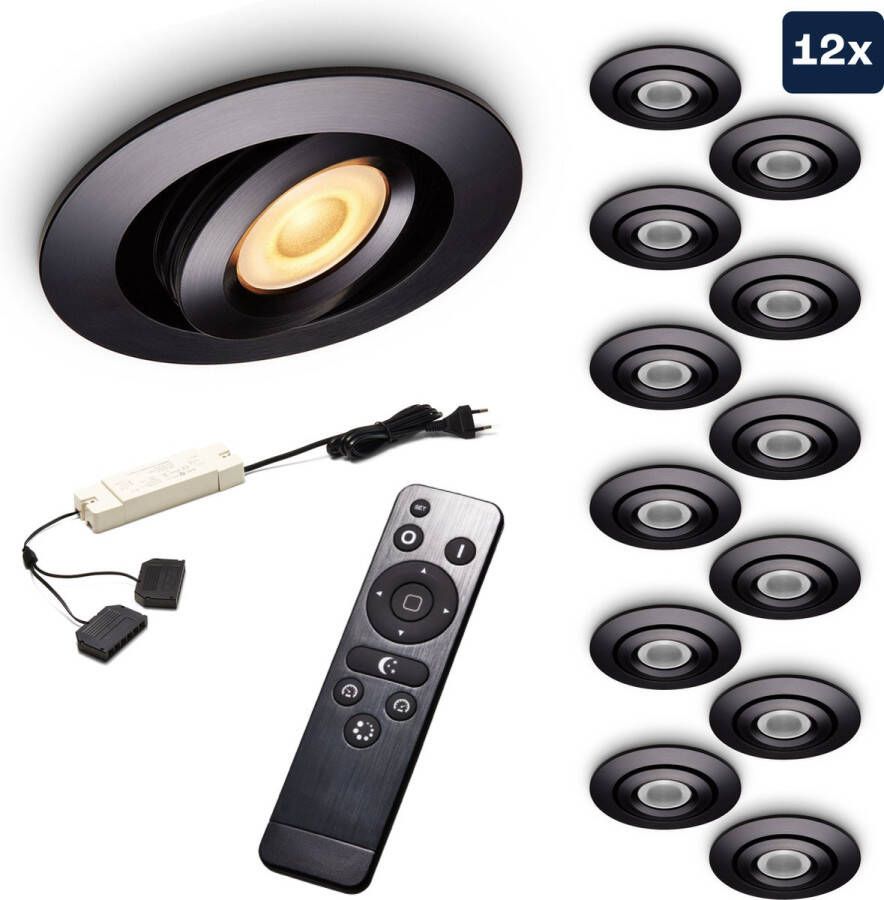 Ledisons Piccolo Set met 12 zwarte LED inbouwspots en afstandsbediening dimbaar 3 jaar garantie 2700K (extra warm-wit) 200 Lumen 3W IP44