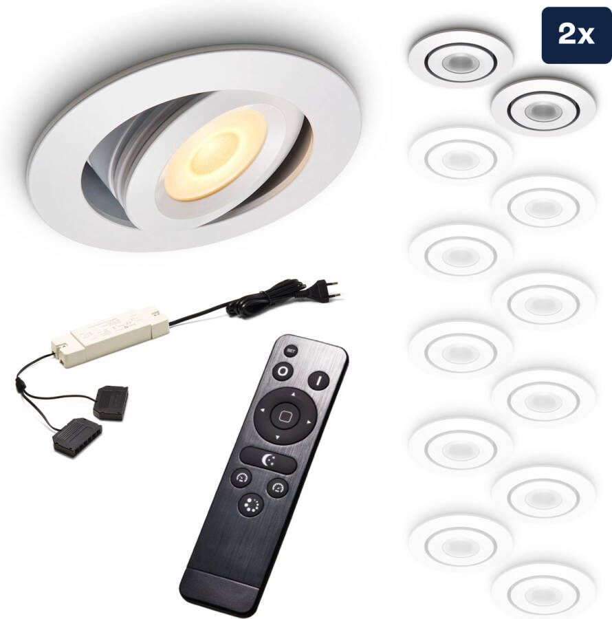 Ledisons Piccolo Set met 2 witte LED inbouwspots en afstandsbediening dimbaar 3 jaar garantie 2700K (extra warm-wit) 200 Lumen 3W IP44
