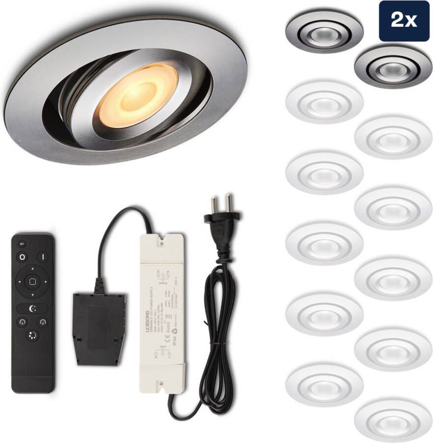 Ledisons Piccolo Set met 2 zilveren LED inbouwspots en afstandsbediening dimbaar 3 jaar garantie 2700K (extra warm-wit) 200 Lumen 3W IP44