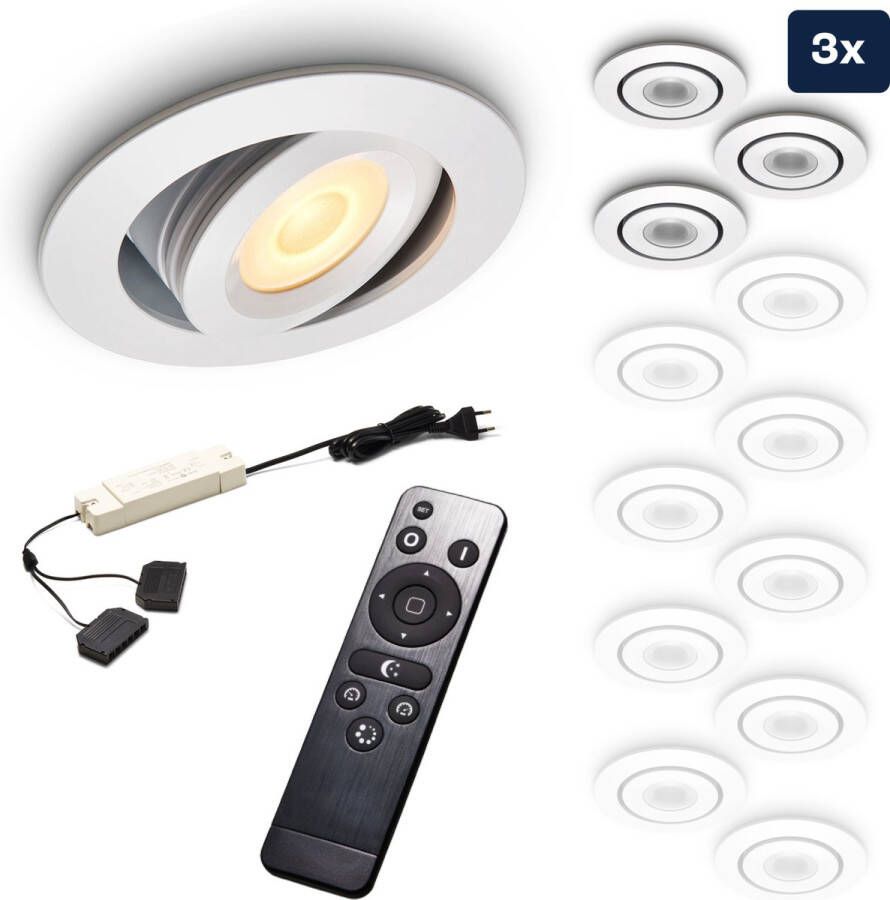 Ledisons Piccolo Set met 3 witte LED inbouwspots en afstandsbediening dimbaar 3 jaar garantie 2700K (extra warm-wit) 200 Lumen 3W IP44