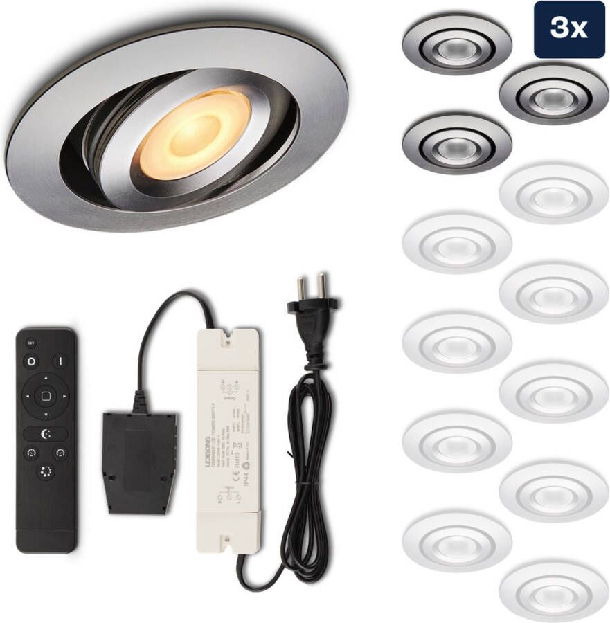 Ledisons Piccolo Set met 3 zilveren LED inbouwspots en afstandsbediening dimbaar 3 jaar garantie 2700K (extra warm-wit) 200 Lumen 3W IP44