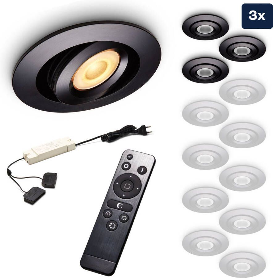 Ledisons Piccolo Set met 3 zwarte LED inbouwspots en afstandsbediening dimbaar 3 jaar garantie 2700K (extra warm-wit) 200 Lumen 3W IP44