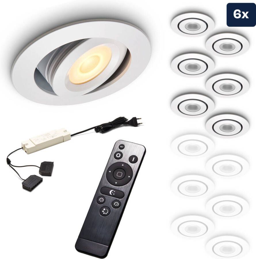 Ledisons Piccolo Set met 6 witte LED inbouwspots en afstandsbediening dimbaar 3 jaar garantie 2700K (extra warm-wit) 200 Lumen 3W IP44