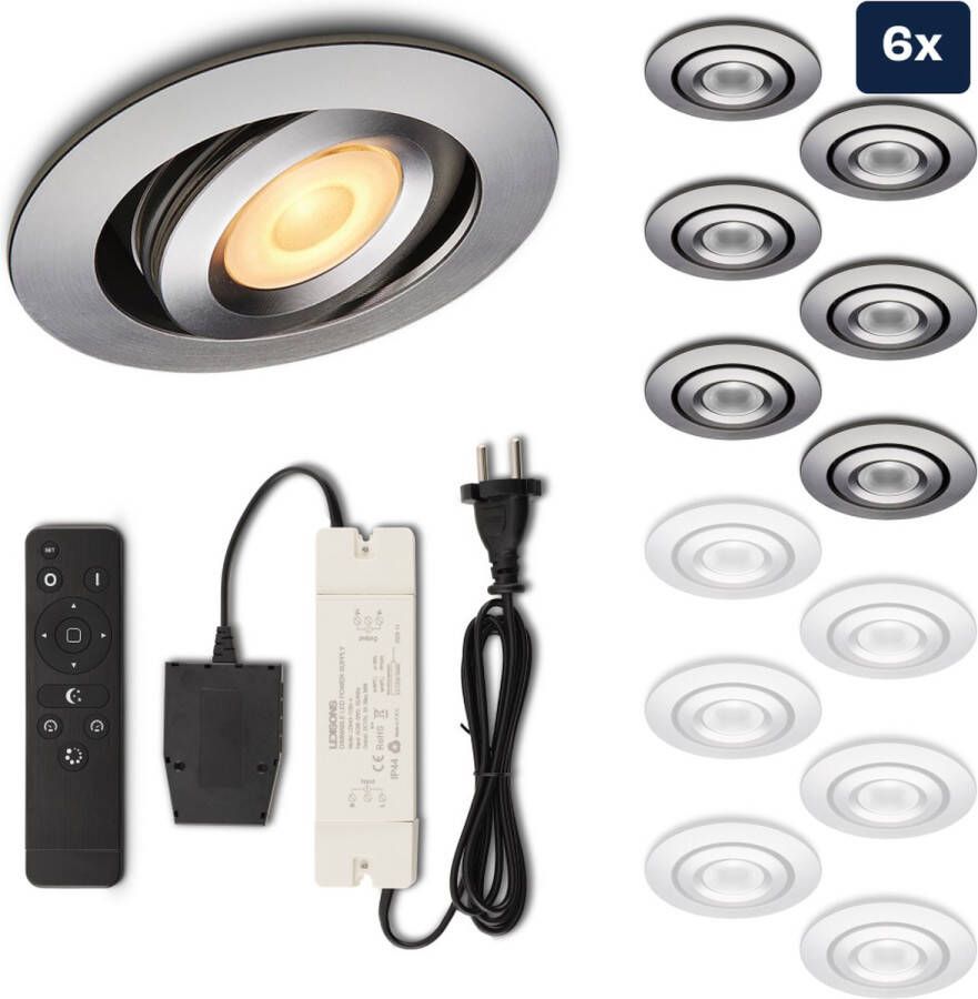 Ledisons Piccolo Set met 6 zilveren LED inbouwspots en afstandsbediening dimbaar 3 jaar garantie 2700K (extra warm-wit) 200 Lumen 3W IP44