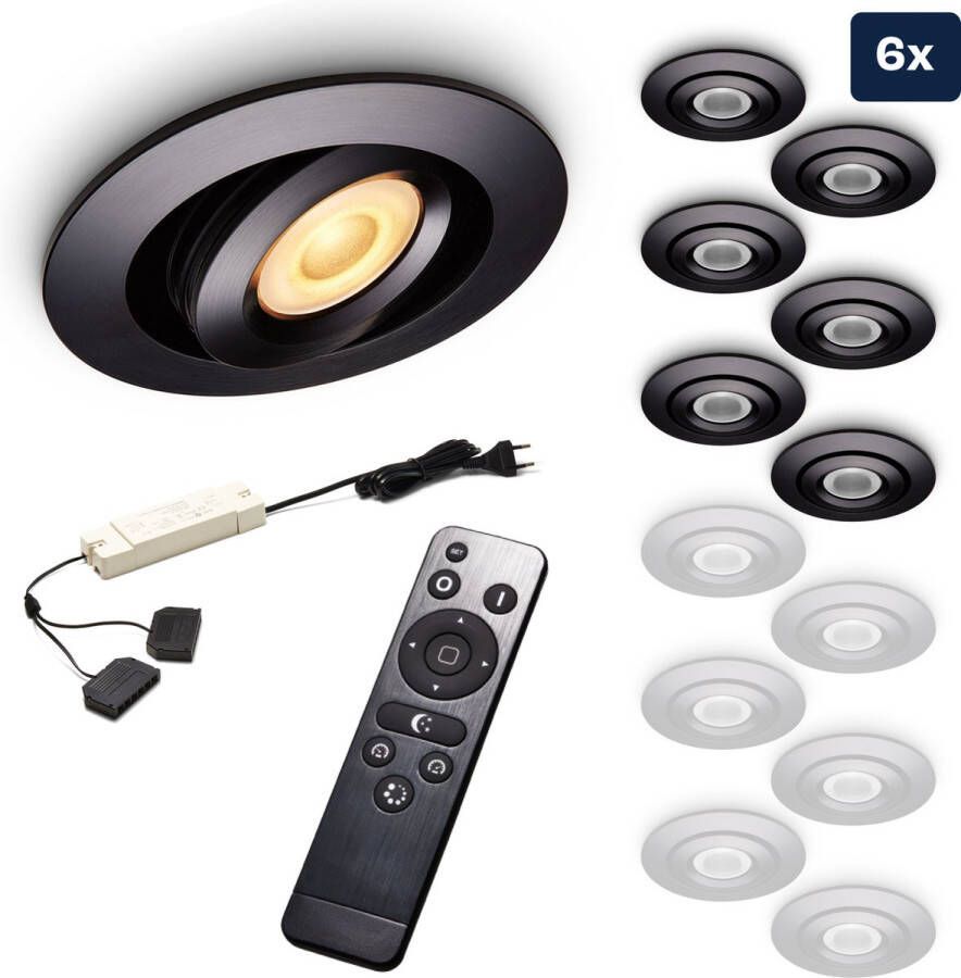 Ledisons Piccolo Set met 6 zwarte LED inbouwspots en afstandsbediening dimbaar 3 jaar garantie 2700K (extra warm-wit) 200 Lumen 3W IP44