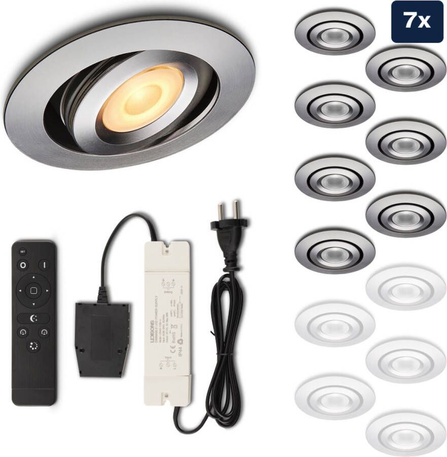 Ledisons Piccolo Set met 7 zilveren LED inbouwspots en afstandsbediening dimbaar 3 jaar garantie 2700K (extra warm-wit) 200 Lumen 3W IP44