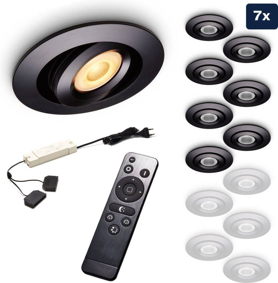 Ledisons Piccolo Set met 7 zwarte LED inbouwspots en afstandsbediening dimbaar 3 jaar garantie 2700K (extra warm-wit) 200 Lumen 3W IP44