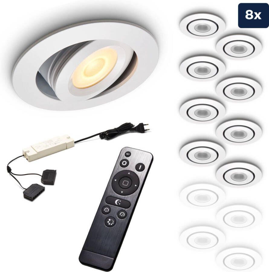 Ledisons Piccolo Set met 8 witte LED inbouwspots en afstandsbediening dimbaar 3 jaar garantie 2700K (extra warm-wit) 200 Lumen 3W IP44