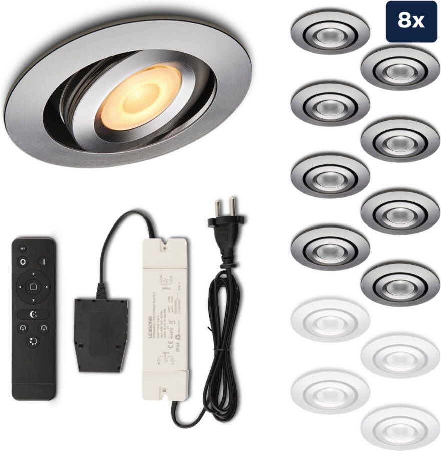 Ledisons Piccolo Set met 8 zilveren LED inbouwspots en afstandsbediening dimbaar 3 jaar garantie 2700K (extra warm-wit) 200 Lumen 3W IP44
