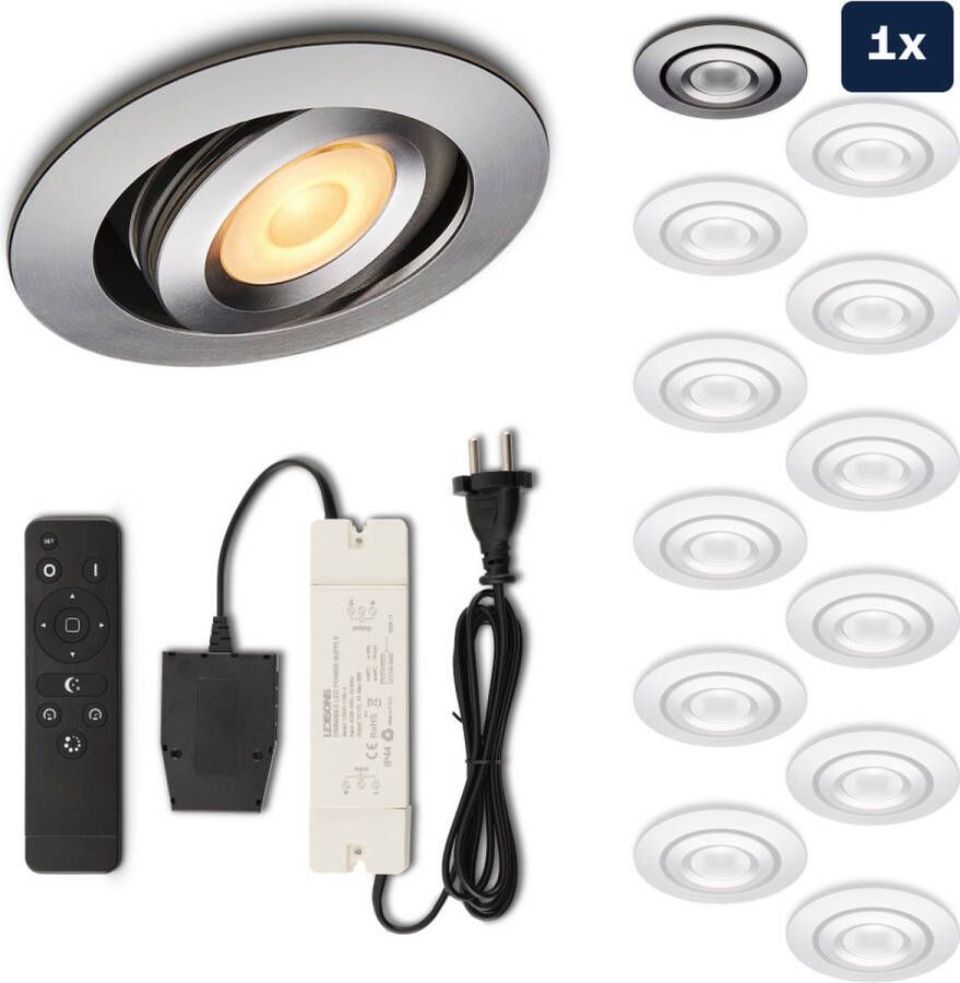 Ledisons Piccolo Set met zilveren LED inbouwspot en afstandsbediening dimbaar 3 jaar garantie 2700K (extra warm-wit) 200 Lumen 3W IP44