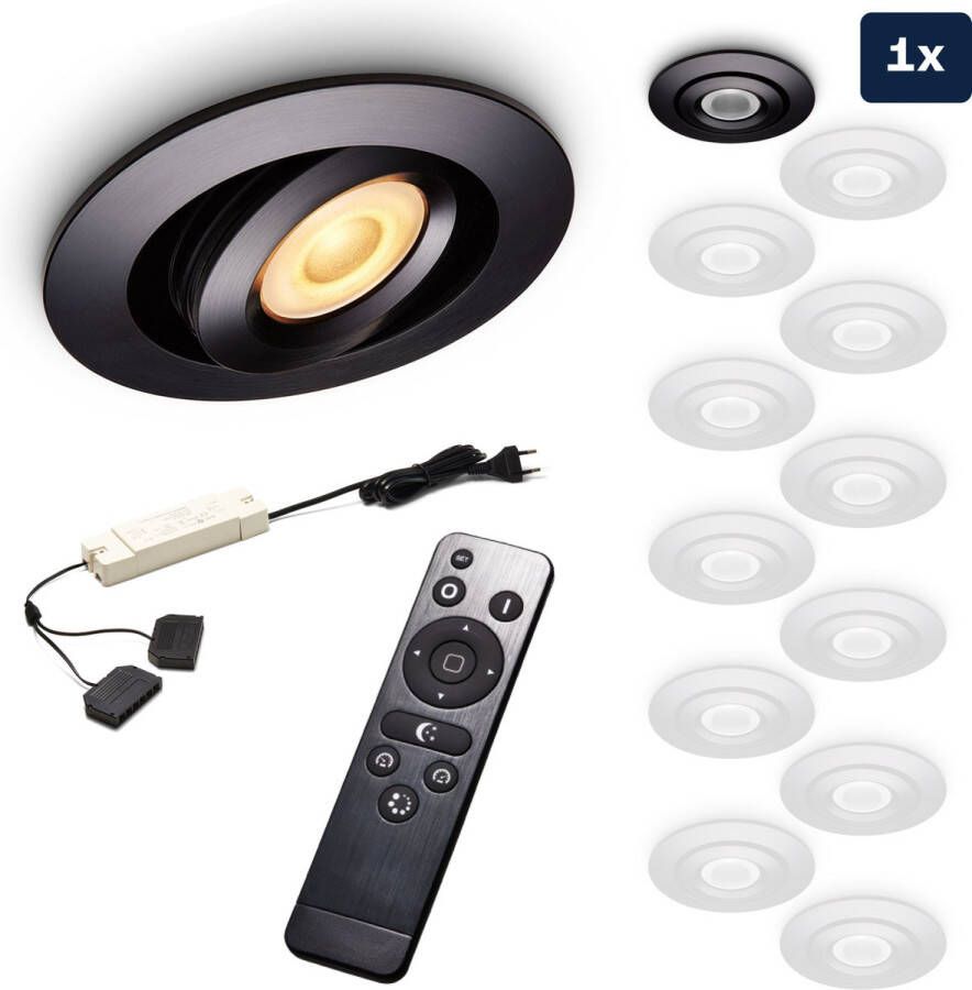 Ledisons Piccolo Set met zwarte LED inbouwspot en afstandsbediening dimbaar 3 jaar garantie 2700K (extra warm-wit) 200 Lumen 3W IP44