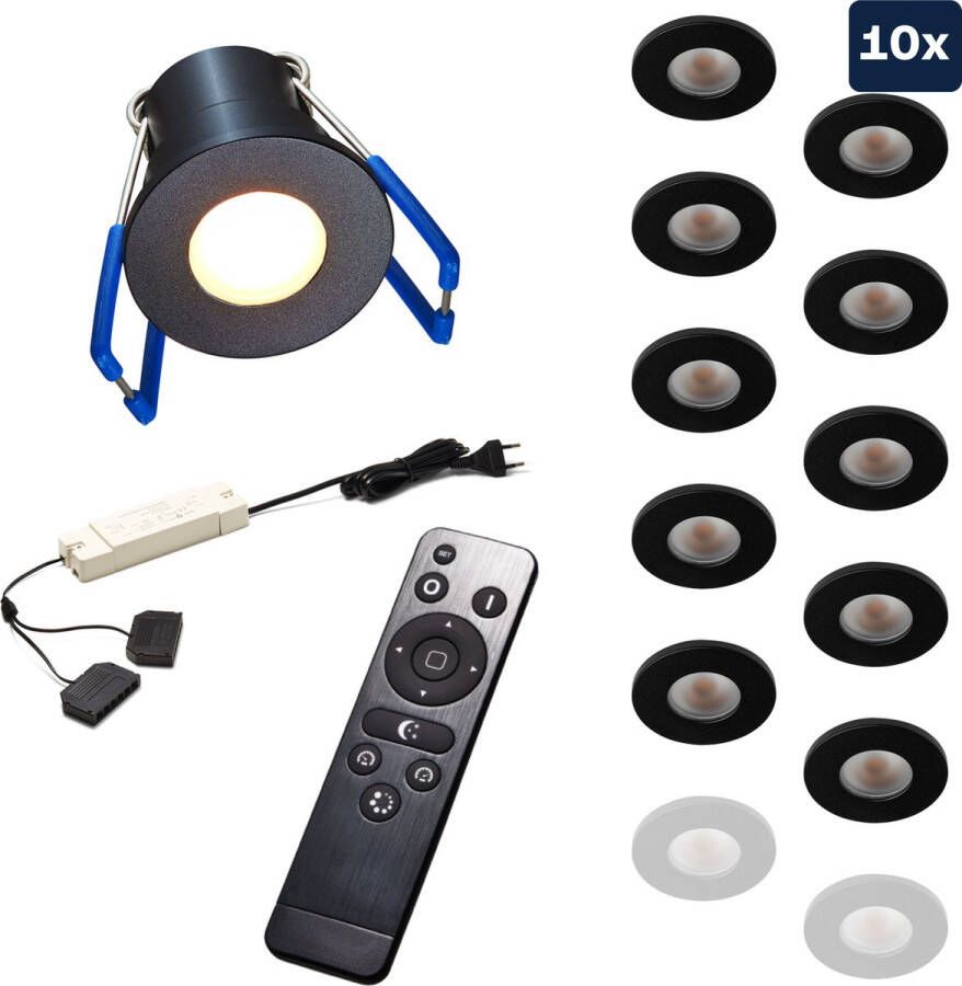 Ledisons Varese Set met 10 zwarte LED inbouwspots en afstandsbediening dimbaar 3 jaar garantie 2700K (extra warm-wit) 200 Lumen 3W IP65