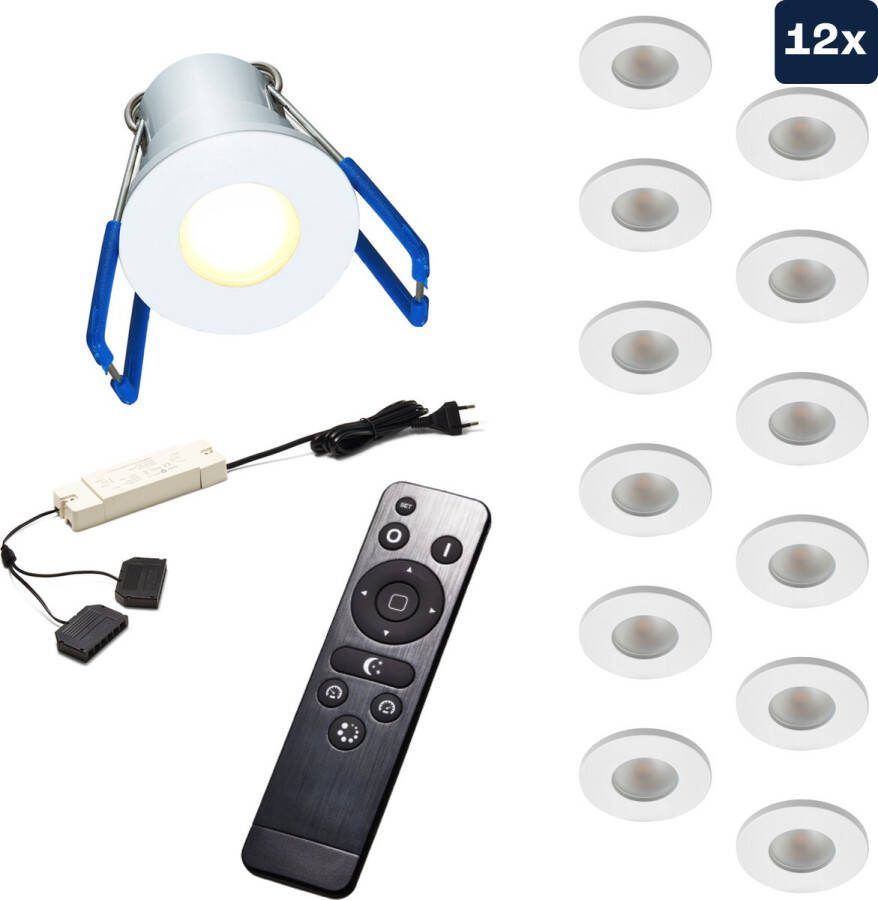 Ledisons Varese Set met 12 witte LED inbouwspots en afstandsbediening dimbaar 3 jaar garantie 2700K (extra warm-wit) 200 Lumen 3W IP65