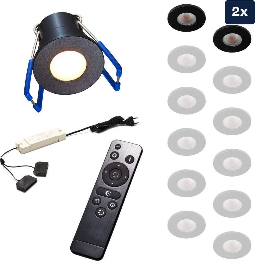 Ledisons Varese Set met 2 zwarte LED inbouwspots en afstandsbediening dimbaar 3 jaar garantie 2700K (extra warm-wit) 200 Lumen 3W IP65