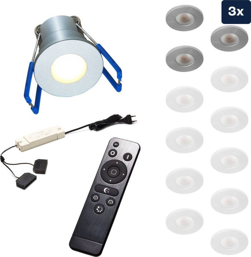 Ledisons Varese Set met 3 zilveren LED inbouwspots en afstandsbediening dimbaar 3 jaar garantie 2700K (extra warm-wit) 200 Lumen 3W IP65