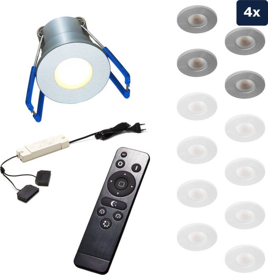 Ledisons Varese Set met 4 zilveren LED inbouwspots en afstandsbediening dimbaar 3 jaar garantie 2700K (extra warm-wit) 200 Lumen 3W IP65