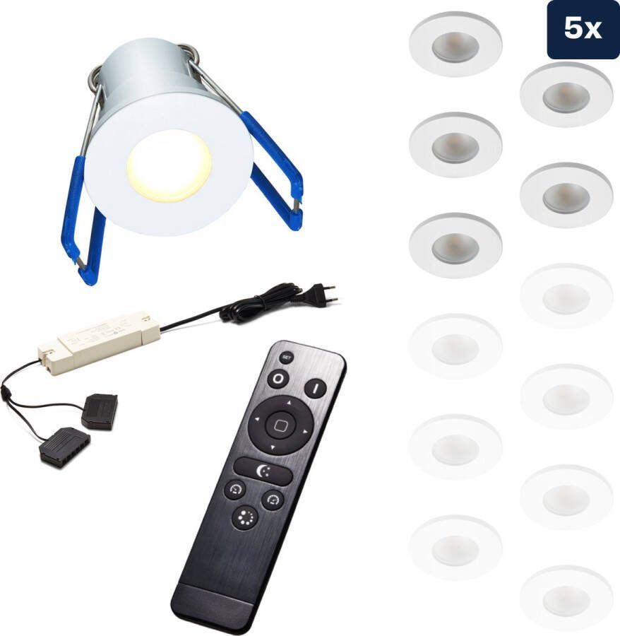 Ledisons Varese Set met 5 witte LED inbouwspots en afstandsbediening dimbaar 3 jaar garantie 2700K (extra warm-wit) 200 Lumen 3W IP65