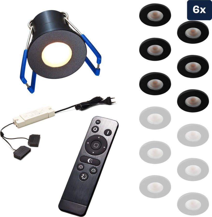 Ledisons Varese Set met 6 zwarte LED inbouwspots en afstandsbediening dimbaar 3 jaar garantie 2700K (extra warm-wit) 200 Lumen 3W IP65