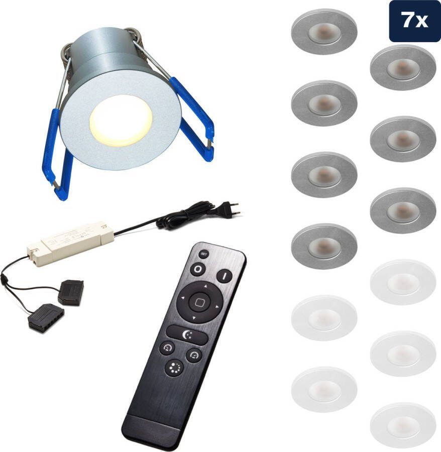 Ledisons Varese Set met 7 zilveren LED inbouwspots en afstandsbediening dimbaar 3 jaar garantie 2700K (extra warm-wit) 200 Lumen 3W IP65