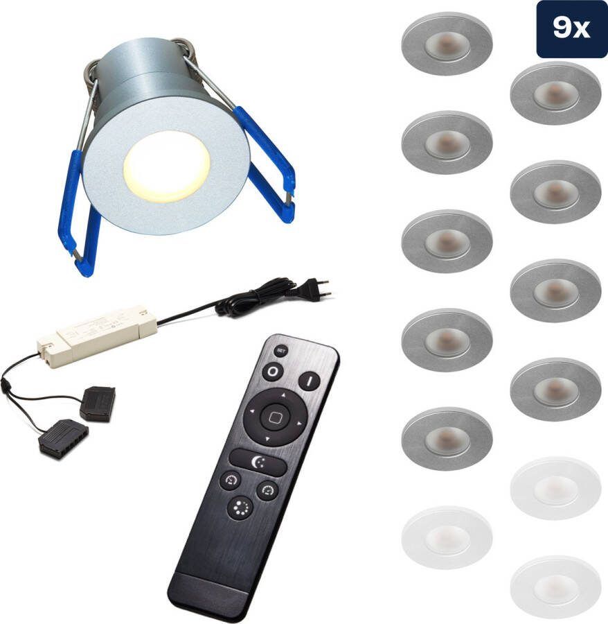 Ledisons Varese Set met 9 zilveren LED inbouwspots en afstandsbediening dimbaar 3 jaar garantie 2700K (extra warm-wit) 200 Lumen 3W IP65