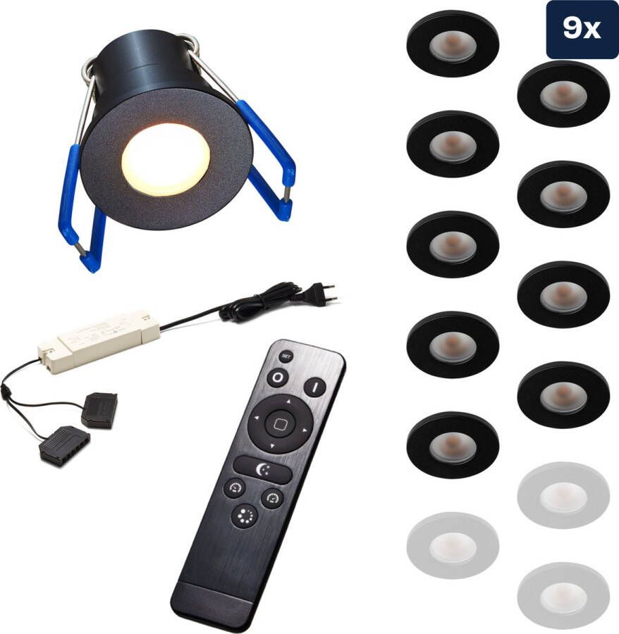 Ledisons Varese Set met 9 zwarte LED inbouwspots en afstandsbediening dimbaar 3 jaar garantie 2700K (extra warm-wit) 200 Lumen 3W IP65