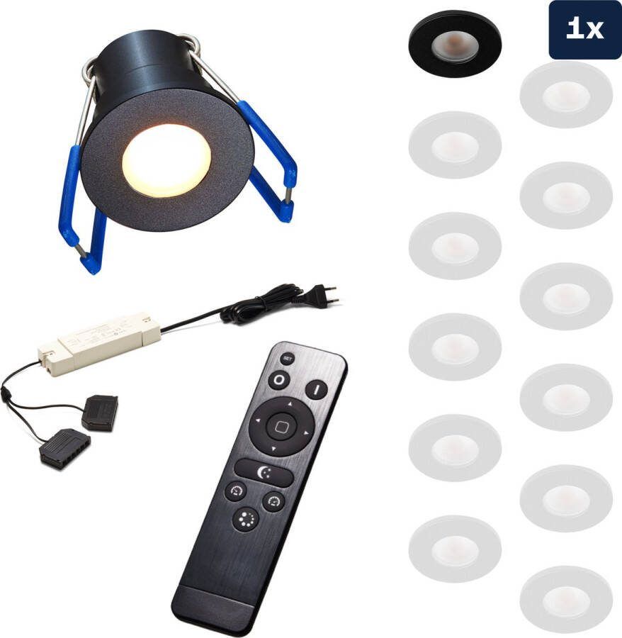 Ledisons Varese Set met zwarte LED inbouwspot en afstandsbediening dimbaar 3 jaar garantie 2700K (extra warm-wit) 200 Lumen 3W IP65