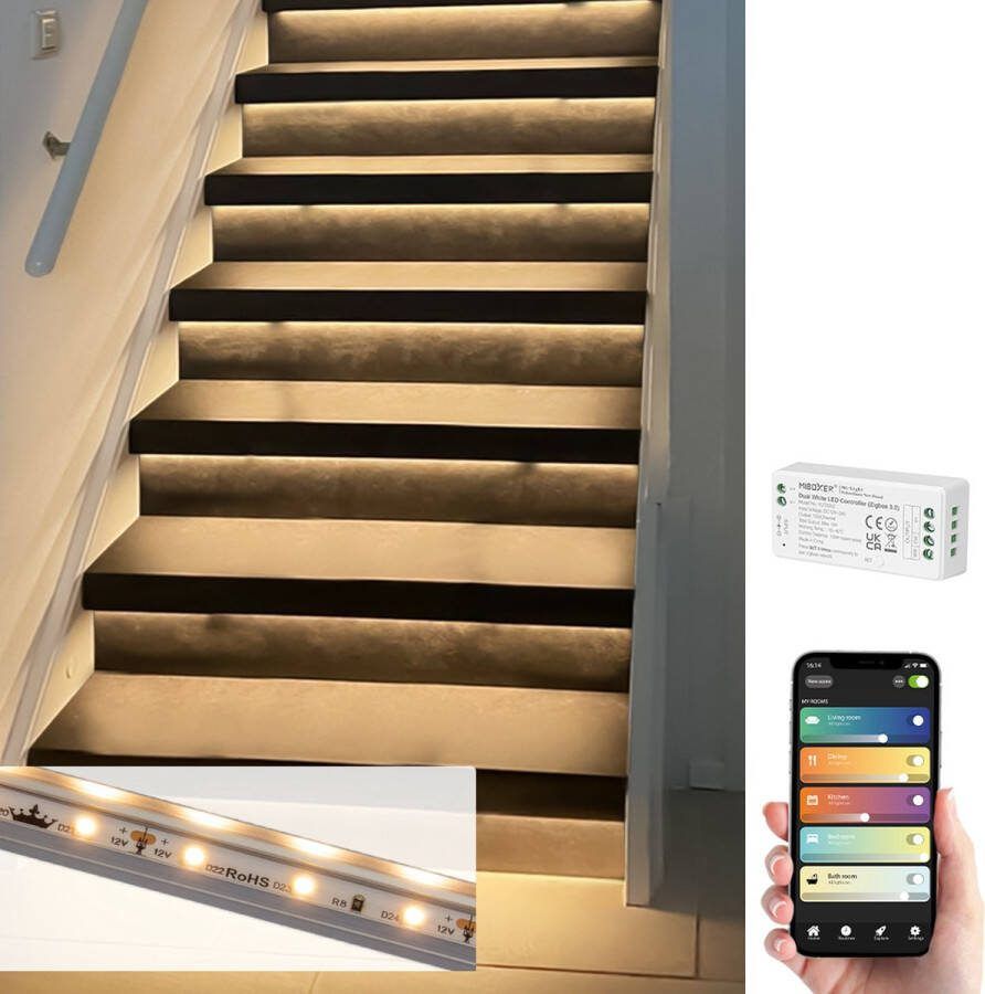 RexTech Trapverlichting ledstrip 130 cm met bewegingssensoren Warm Wit Werkt met de bekende verlichting apps Complete set inclusief profiel voor max. 16 treden