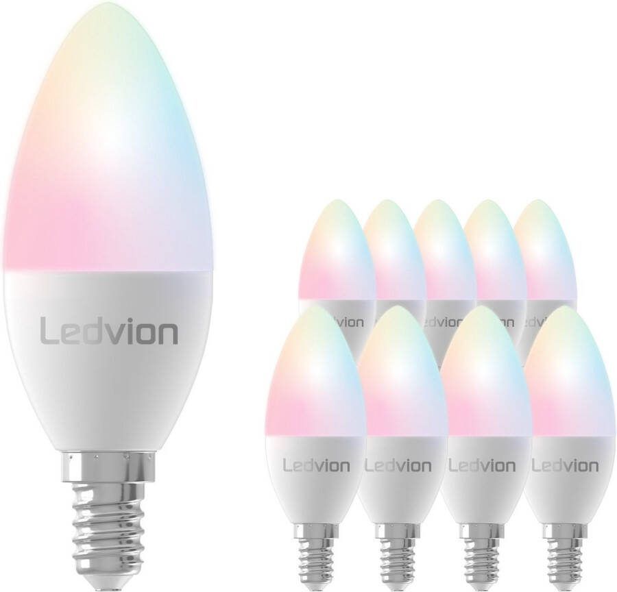 LEDVION Set van 10 SMART RGB+CCT E14 LED-lamp Wi-Fi-verlichting Wifi-lamp dimbaar 5W 470 Lumen compatibel met onder andere Alexa en Google Home