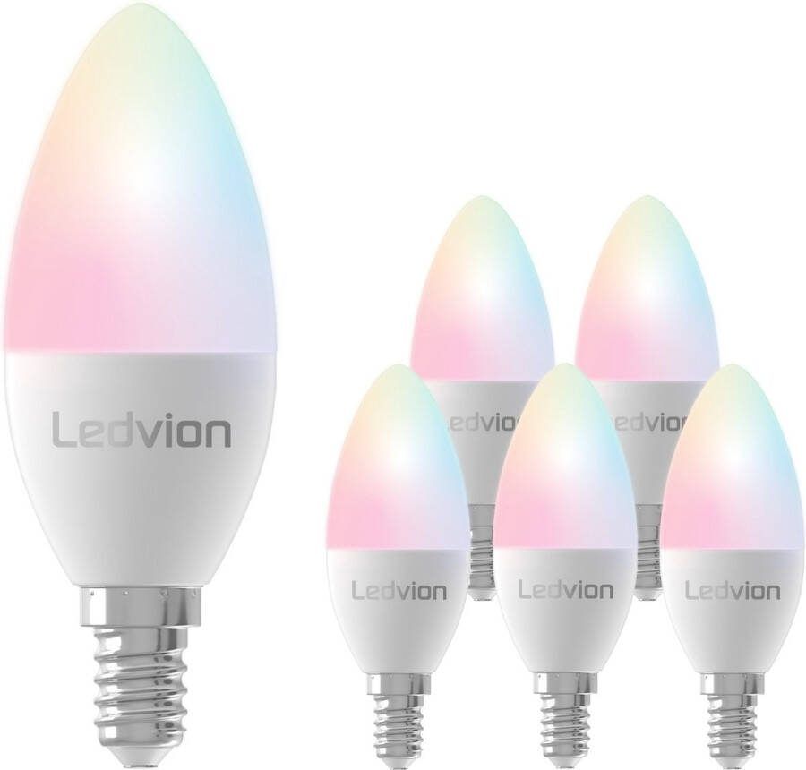 LEDVION 6x SMART RGB+CCT E14 LED-lamp Wi-Fi-verlichting Wifi-lamp dimbaar 5W 470 Lumen compatibel met onder andere Alexa en Google Home