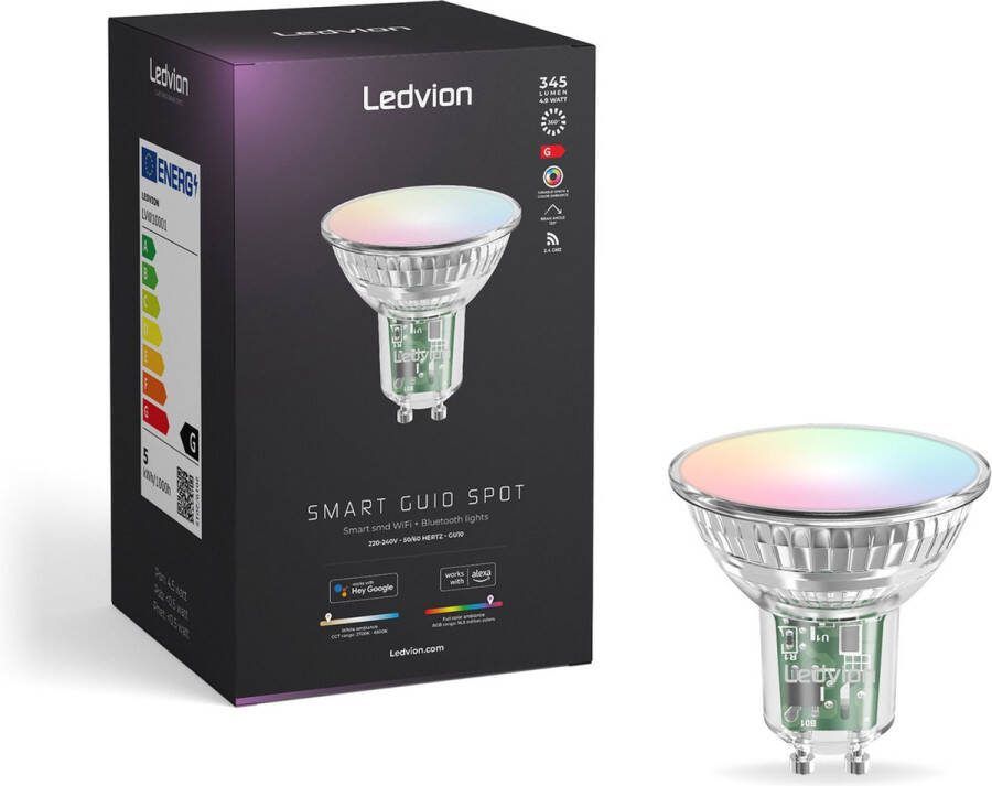 LEDVION Set van 2 Smart RGB+CCT GU10 LED Spot Wifi-verlichting Wifi-licht dimbaar 5W 345 Lumen compatibel met o.a. Alexa en Google Home