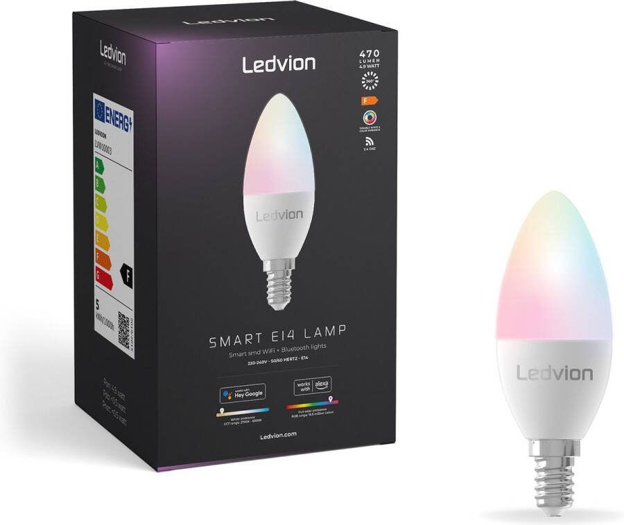 LEDVION Set van 4 SMART RGB+CCT E14 LED-lamp Wi-Fi-verlichting Wifi-lamp dimbaar 5W 470 Lumen compatibel met onder andere Alexa en Google Home