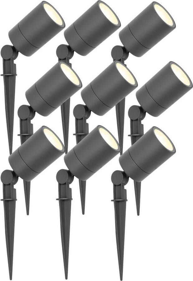 LEDVION set van 9 LED Prikspots Aluminium Antraciet IP65 5W 2700K 1 meter kabel LED spots LED tuinspots voor buiten