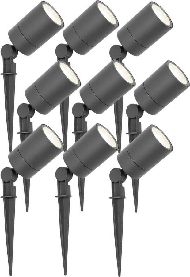 LEDVION set van 9 LED Prikspots Aluminium Antraciet IP65 5W 4000K 1 meter kabel LED spots LED tuinspots voor buiten