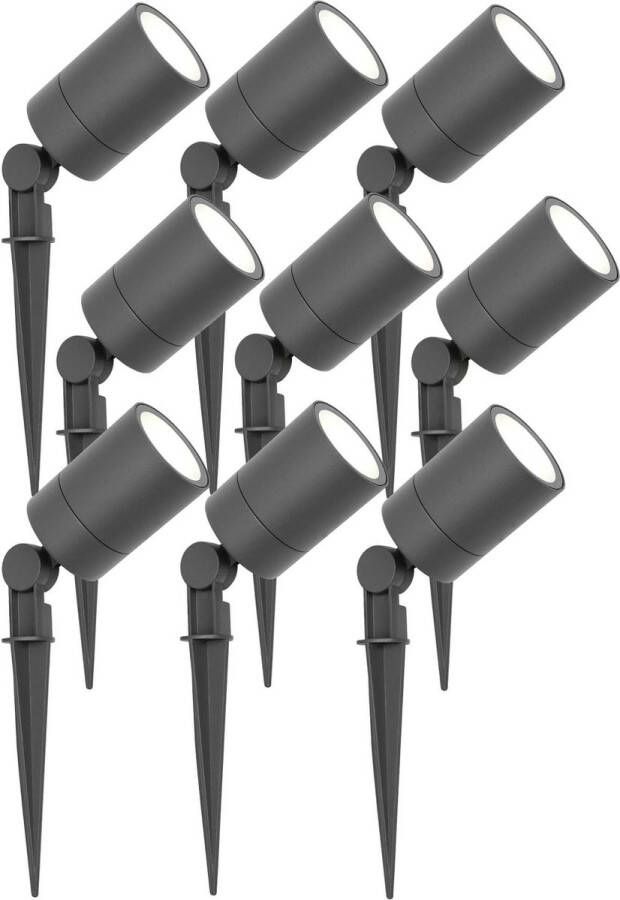 LEDVION set van 9 LED Prikspots Aluminium Antraciet IP65 5W 6500K 1 meter kabel LED spots LED tuinspots voor buiten