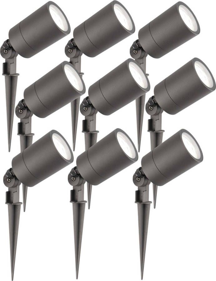 LEDVION set van 9 LED Prikspots antraciet IP65 5W 6500K 2 meter kabel LED spots LED tuinspots voor buiten