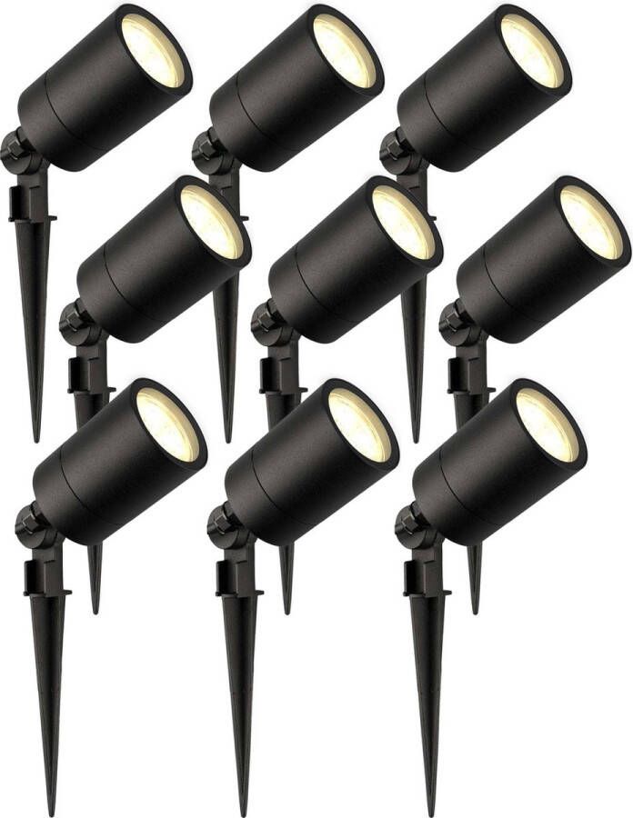 LEDVION set van 9 LED Prikspots Zwart IP65 5W 2700K 2 meter kabel LED spots LED tuinspots voor buiten