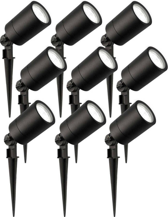 LEDVION set van 9 LED Prikspots Zwart IP65 5W 6500K 2 meter kabel LED spots LED tuinspots voor buiten