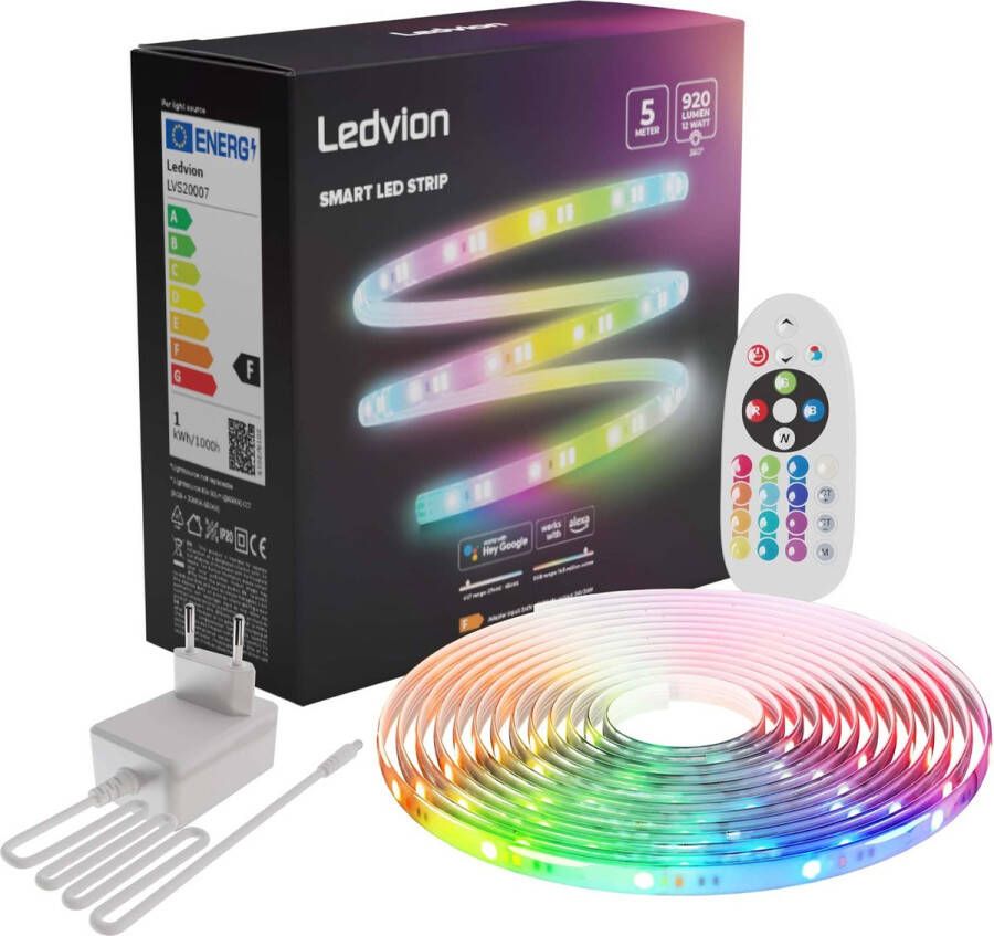 LEDVION Smart LED Strip Dimbaar RGB + CCT 3000K tot 6500K 24V 12W 5M Plug & Play Bediening met App Gemakkelijk in te korten Tuya Google Home of Alexa