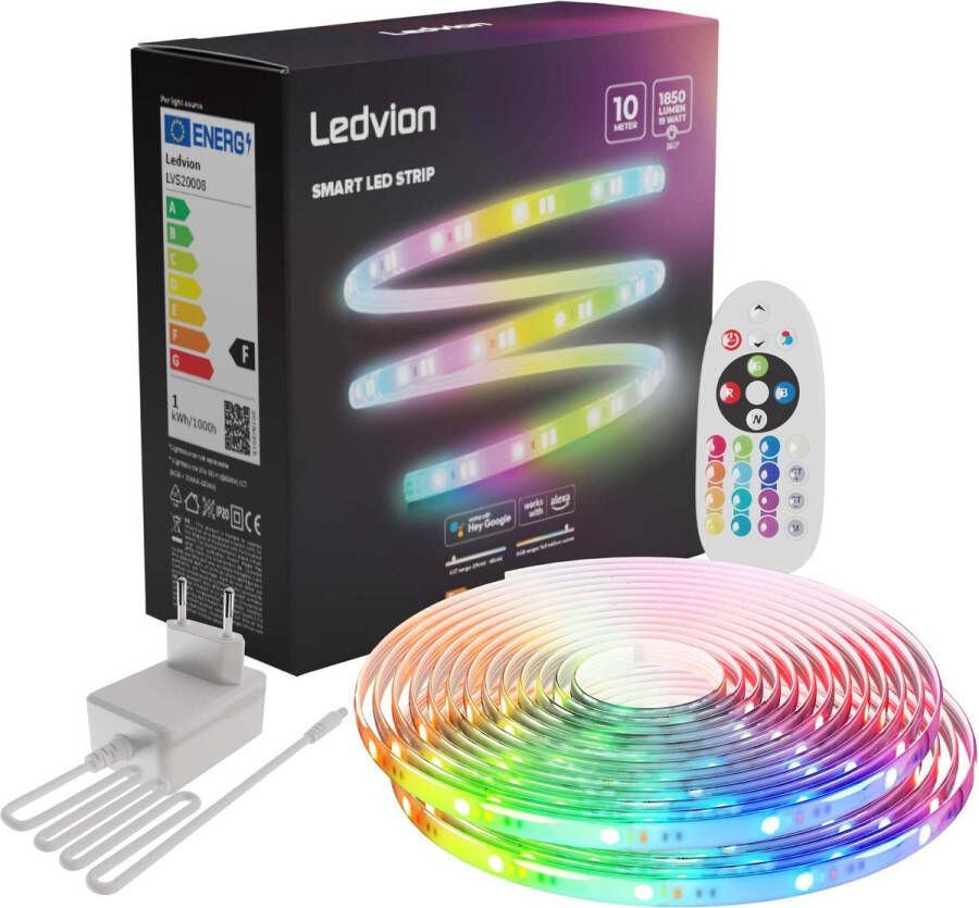 LEDVION Smart LED Strip Dimbaar RGB + CCT 3000K tot 6500K 24V 19W 10M Plug & Play Bediening met App Gemakkelijk in te korten Tuya Google Home of Alexa