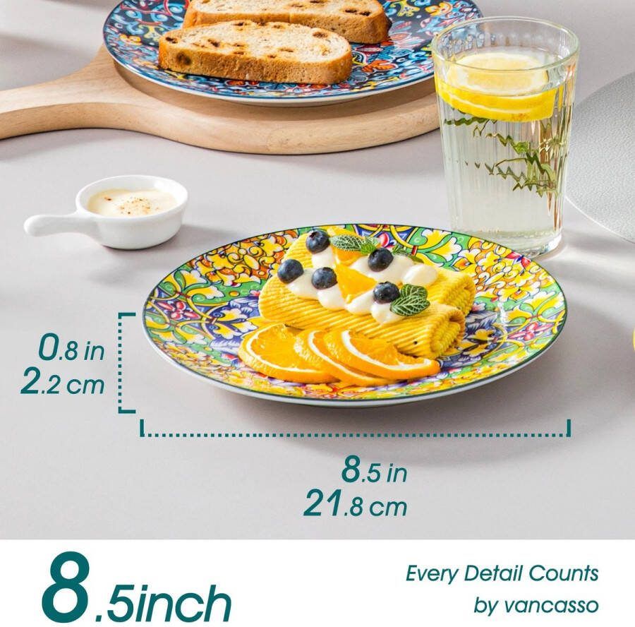LEEF 21 8 cm 2 cm Diep Handgeschilderde Boheemse Stijl Platte Borden Set 6 Stuks Kleurrijke Aardewerk- Gedurfd Helder Levendig Verfrissend Servies-Keramisch Plat -Dessert-Salade-Fruit-Cake Plate- Oven & Magnetron Vaatwasmachinebestendig Borden Set