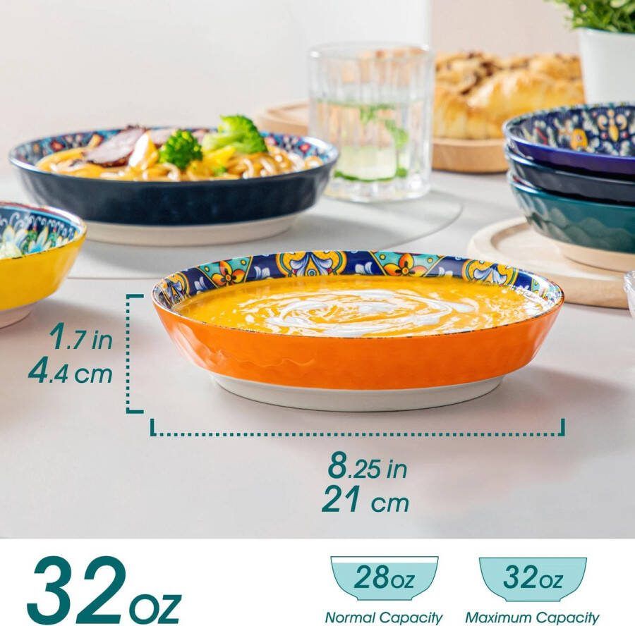 LEEF 21 cm ROND 4 cm Diep Handgeschilderd Boheemse Stijl Diep Diner Borden Set van 6 Stuks -Aardewerk Servies Keramisch -Dessert-Salade-Fruit-Cake Plate Oven & Magnetron Vaatwasmachinebestendig-Steengoed Gedurfd Helder Levendig Mooi en Verfrissend